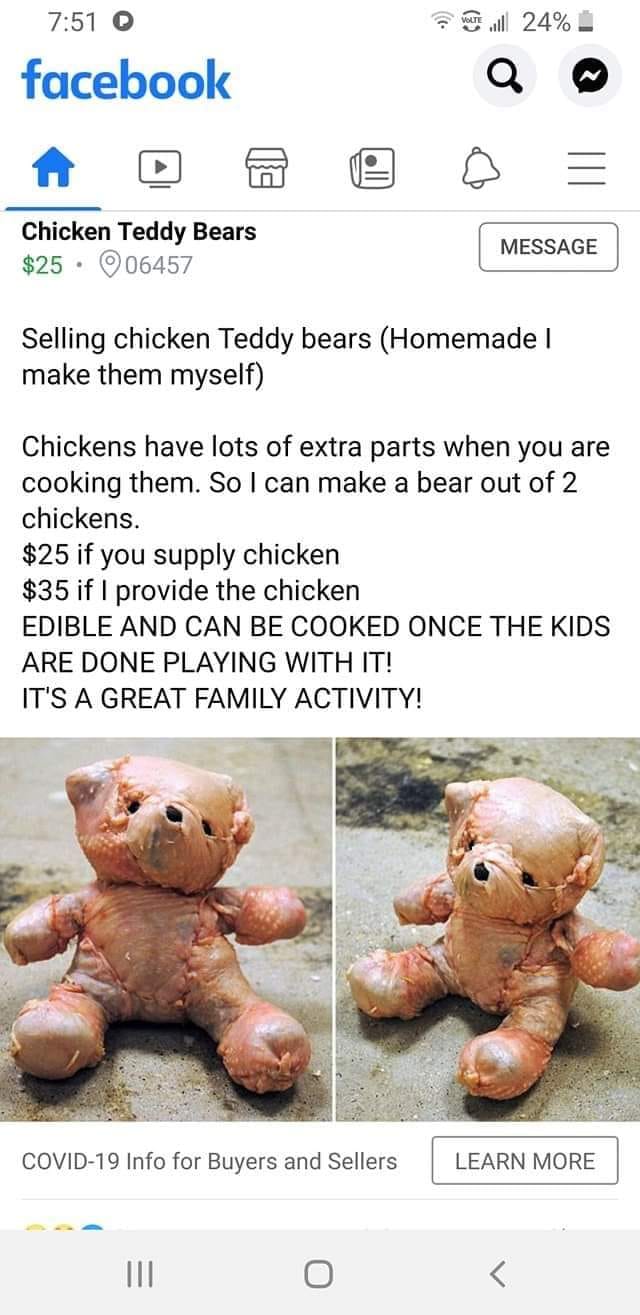 This meme is a screenshot of a Facebook Marketplace listing for a "chicken" that's actually a severed, dismembered, and partially eaten chicken carcass, presented as a "chicken" for sale. The text reads "chicken" and the price is "$25". The listing is a joke about a person trying to sell a chicken carcass as a "chicken" and making a humorous, dark joke about it being a "chicken" for sale.